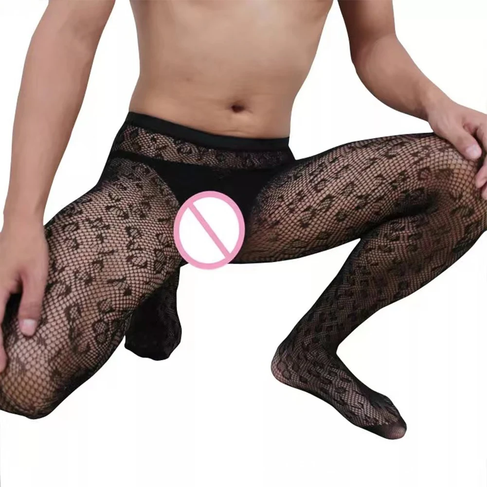 

Sexy Men Sissy Pantyhose Fishnet Lace Body Stockings See-through Hollow Out Tights Pants Ultra-thin Sheer Mesh Gay Erotic Wear