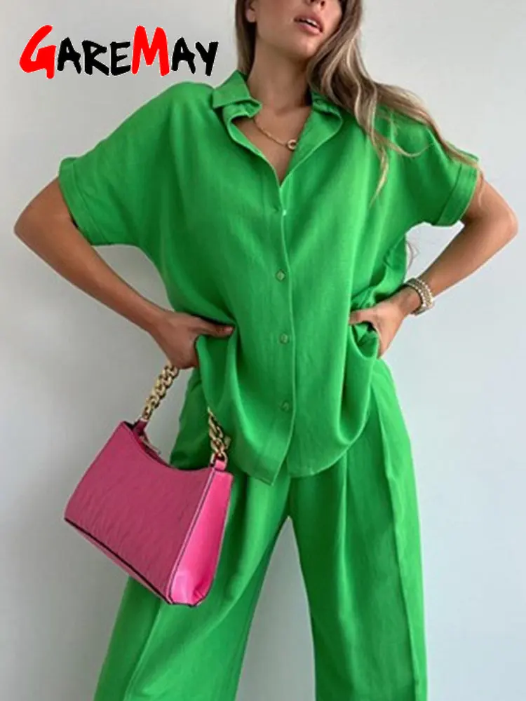 WomensShirtandPantsSetElegantChicWideLegClassicTwopieceSet