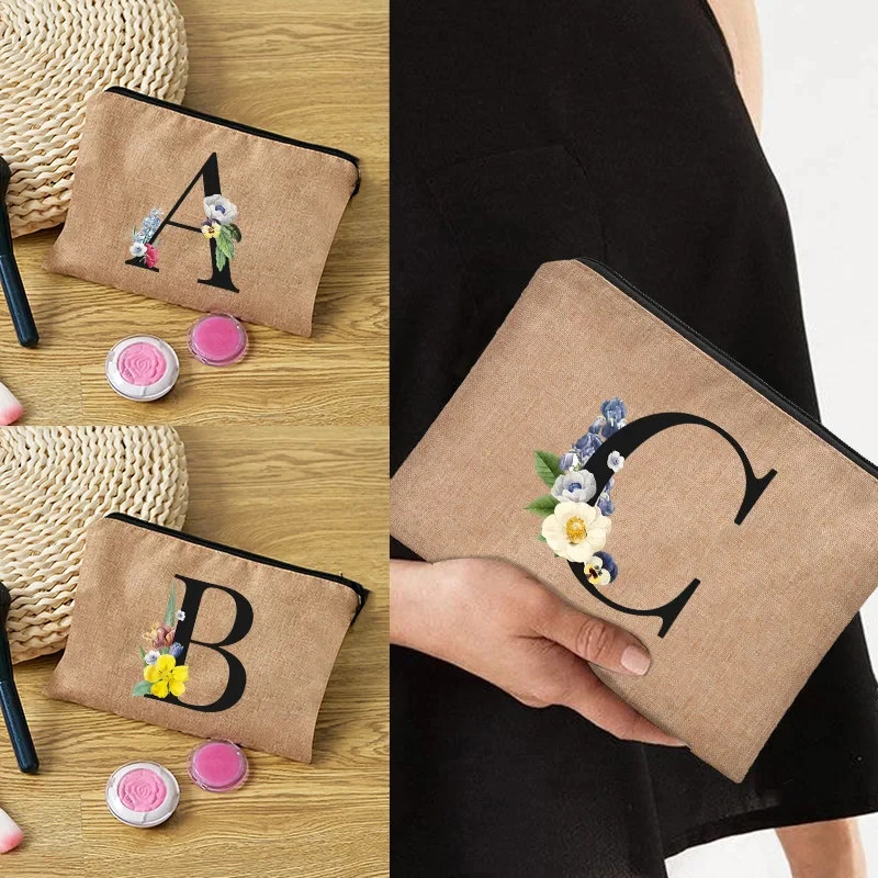 Floral Letter Print Women Linen Zipper Pouch Travel Organizer Case Mujer Bolsas Cosmetic Bag Makeup Bag  Bridesmaid Makeup Bags 2