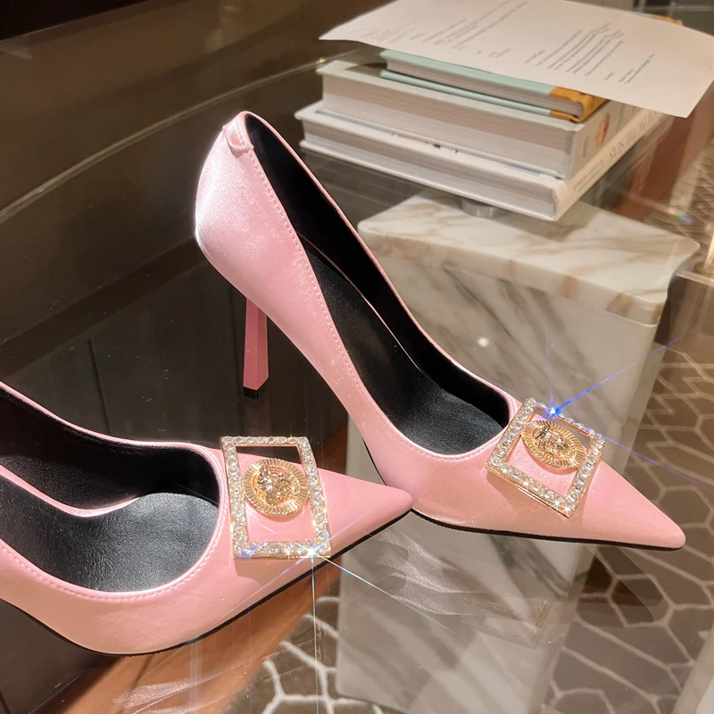 

Glitter Rhinestone Square Buckle Pumps Spring Pointed Toe Stiletto Women Shoes Ins Style Star Pumps Party Prom Super High Heels