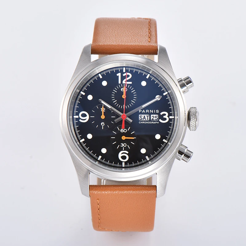 

New Fashion Parnis 42mm Silver Case Quartz Chronograph Men Watch Brown Leather Strap Week Display Calendar Watches 2024 Clock