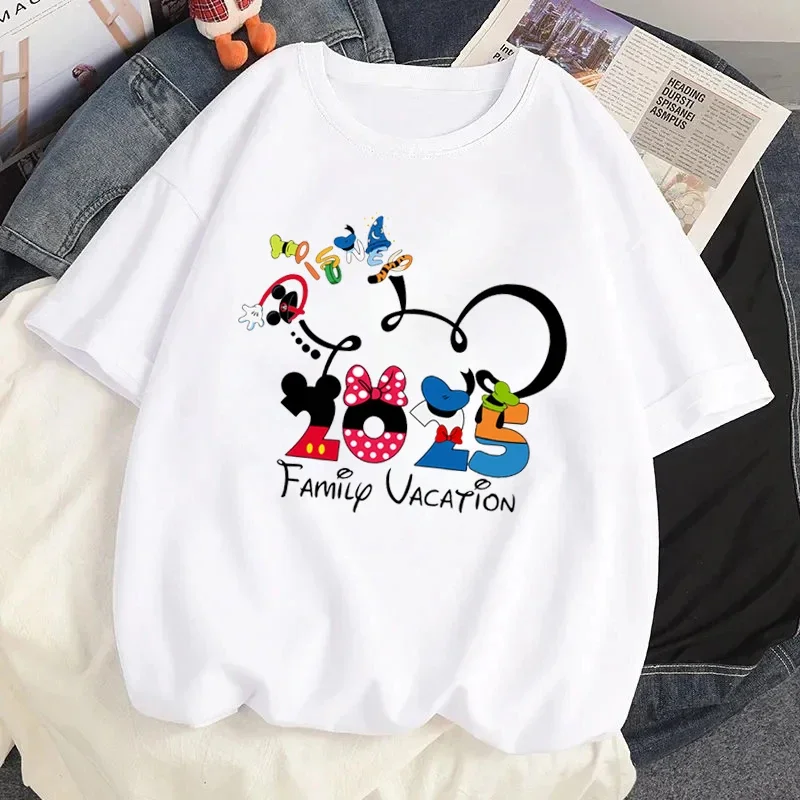 Cartoon Family Vacation 2025 Printed T Shirt Women Kawaii Tees Harajuku 90s Funny Mickey Minnie T-shirt Female Clothing Tops Y2k 5