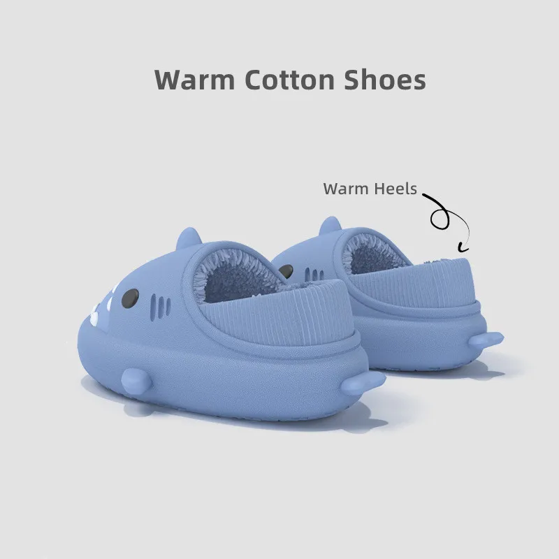 New Shark Slippers Women Men Winter Warm Plush Cartoon Shark Slides Home Furry Flats Outdoor Platform Waterproof Cotton Shoes 6