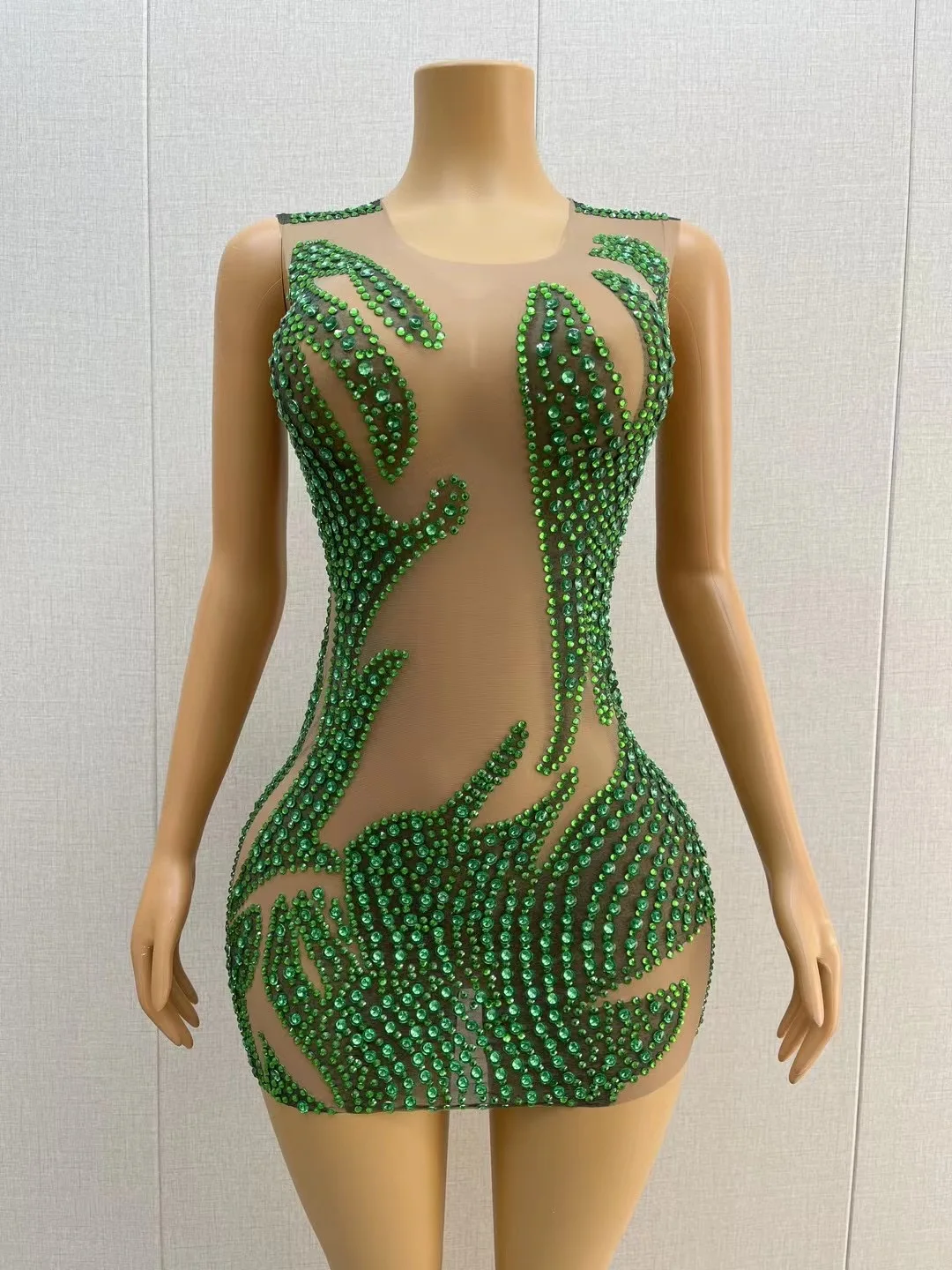 Green Rhinestones Sexy Nude Transparent Dress Birthday Celebrate See Through Outfit Evening Women's Performance Costume lvyi