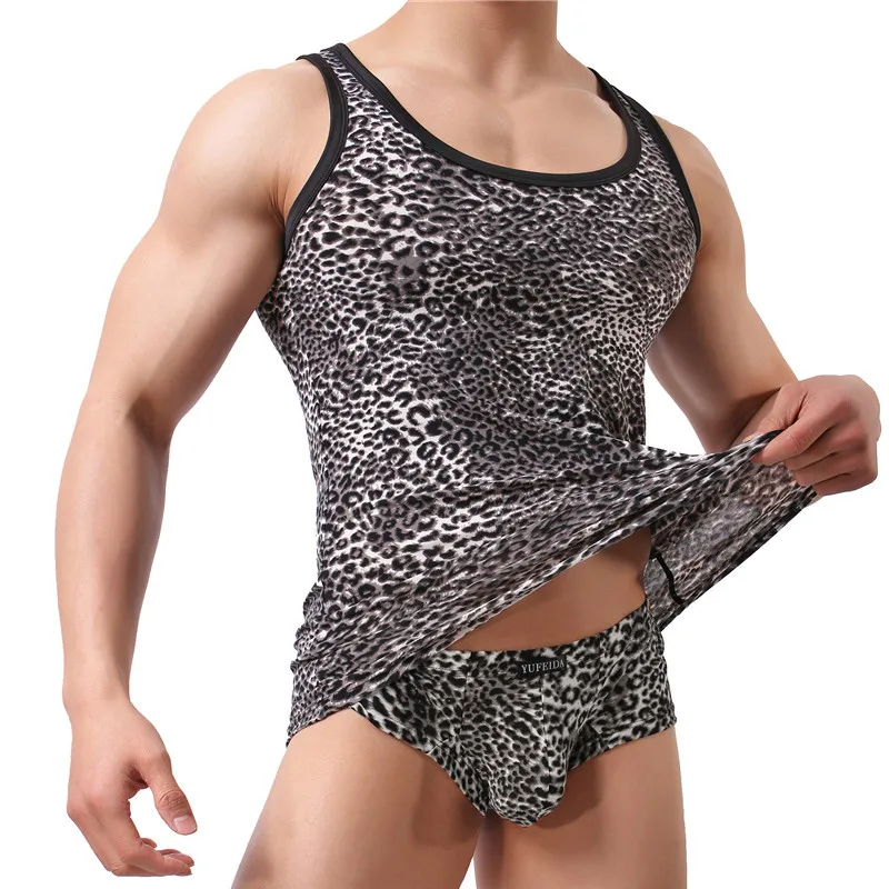 2PCS/Sets Mens Undershirts Leopard Printed Tank Tops Boxer Shorts Sports Gym Fitness Underwear Shirts Panties Suits Sleepwear