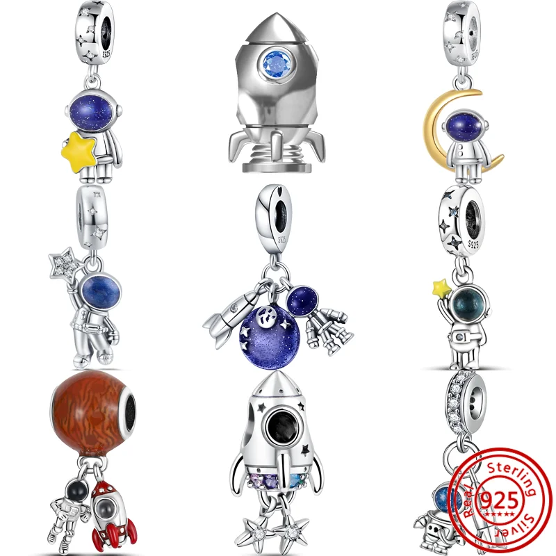 

925 Sterling Silver Blue Charm Space Love Rocket Astronaut Aerospace Style Beads Fit Original Pandora Charm Bracelet DIY Jewelry
