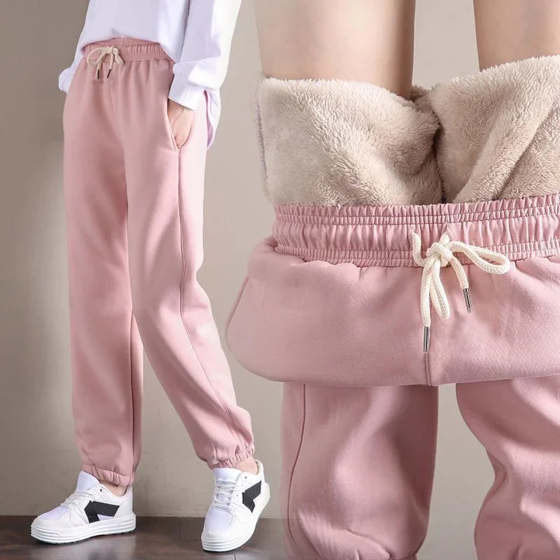 

ot Fleece Woman Pants Winter Elastic Waist Warm Leins Slim Tick Solid Color Pink Black Trousers ClotinCasual Plus Size