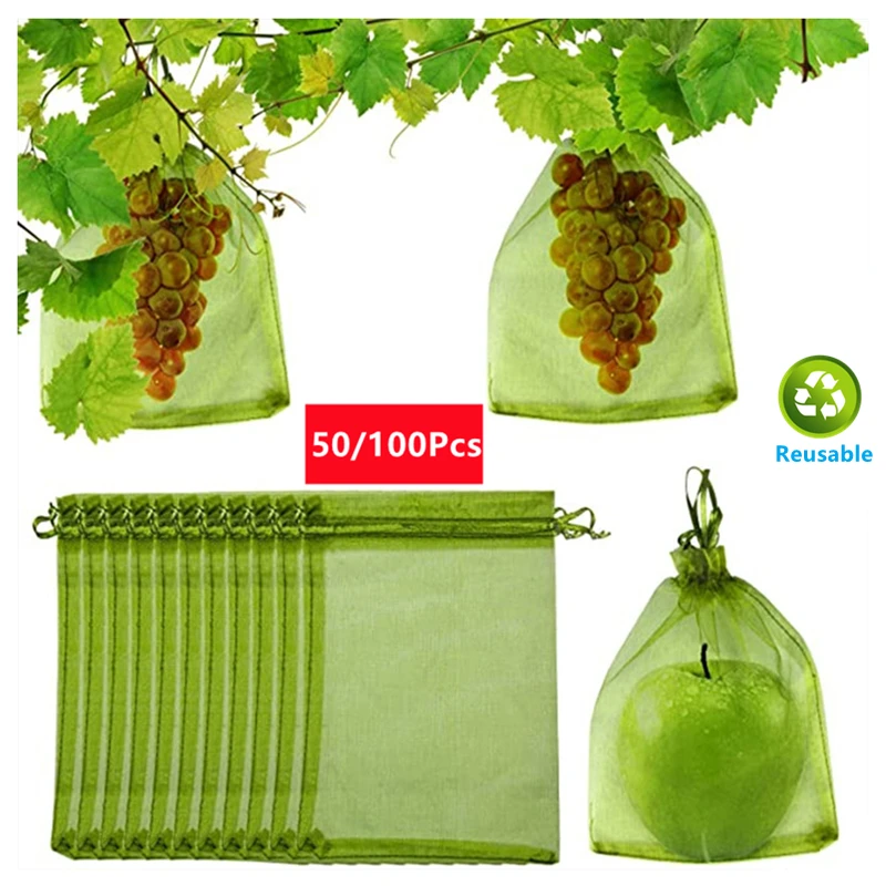 50/100Pcs Fruit Protection Netting Bags with Drawstring Reusable Grape