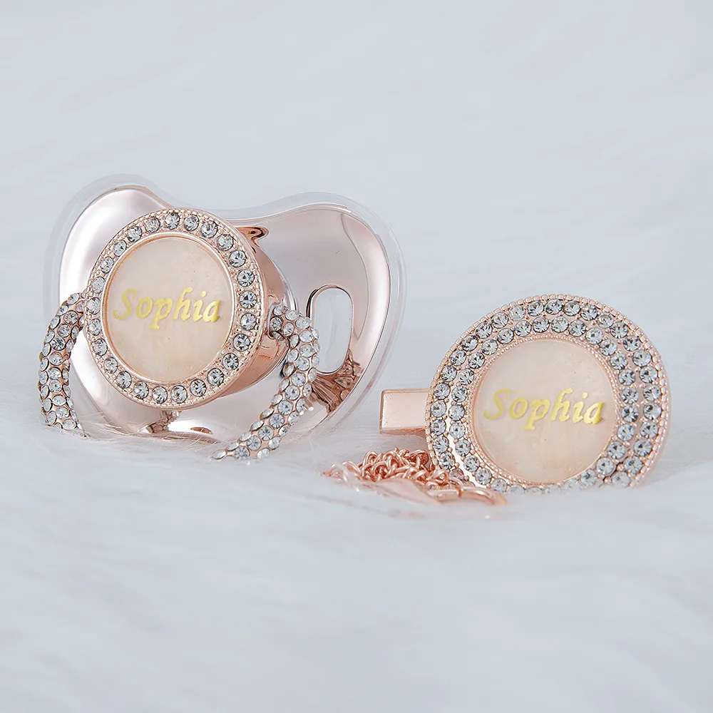 

MIYOCAR Personalized Name rose gold all bling pacifier and clip set unique design New Born gift Photography no for daily use
