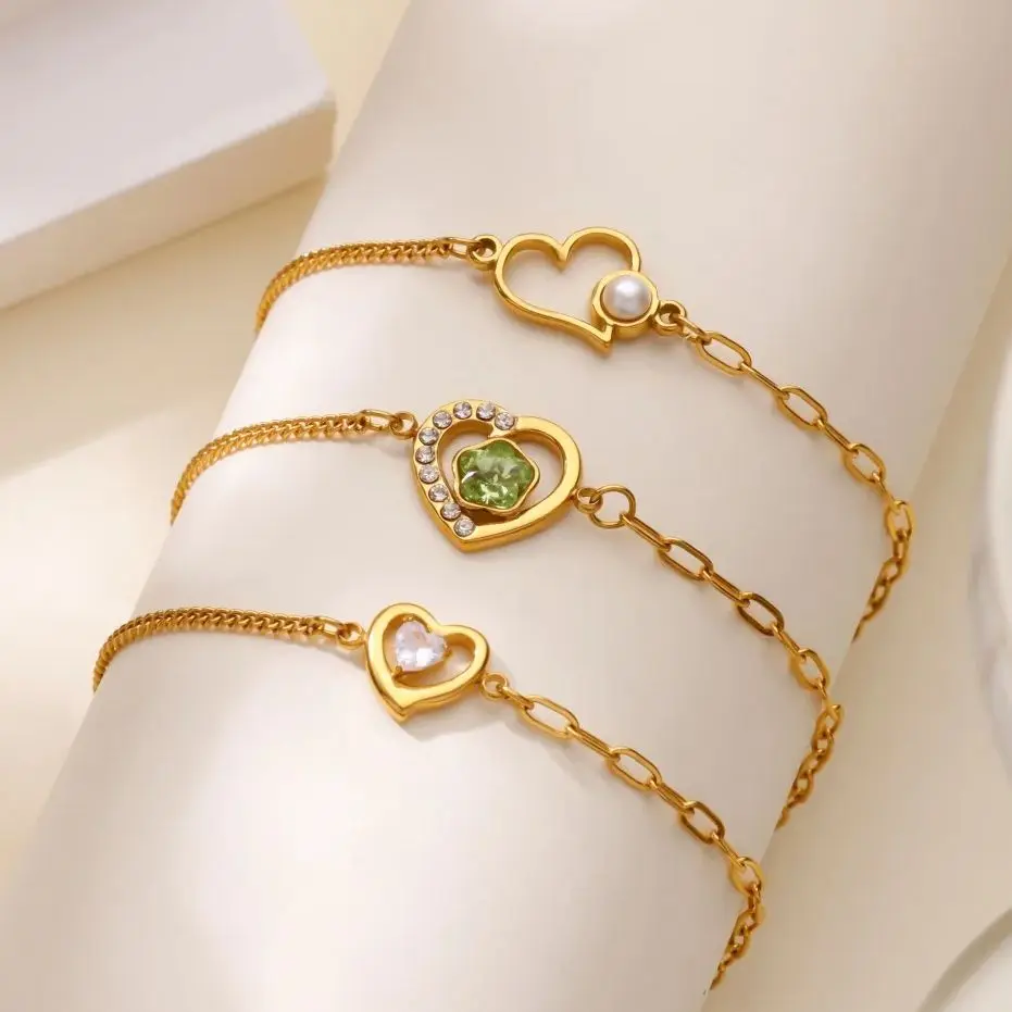 Zircon Pearl Heart Bracelet for Women Gold Color Stainless Steel