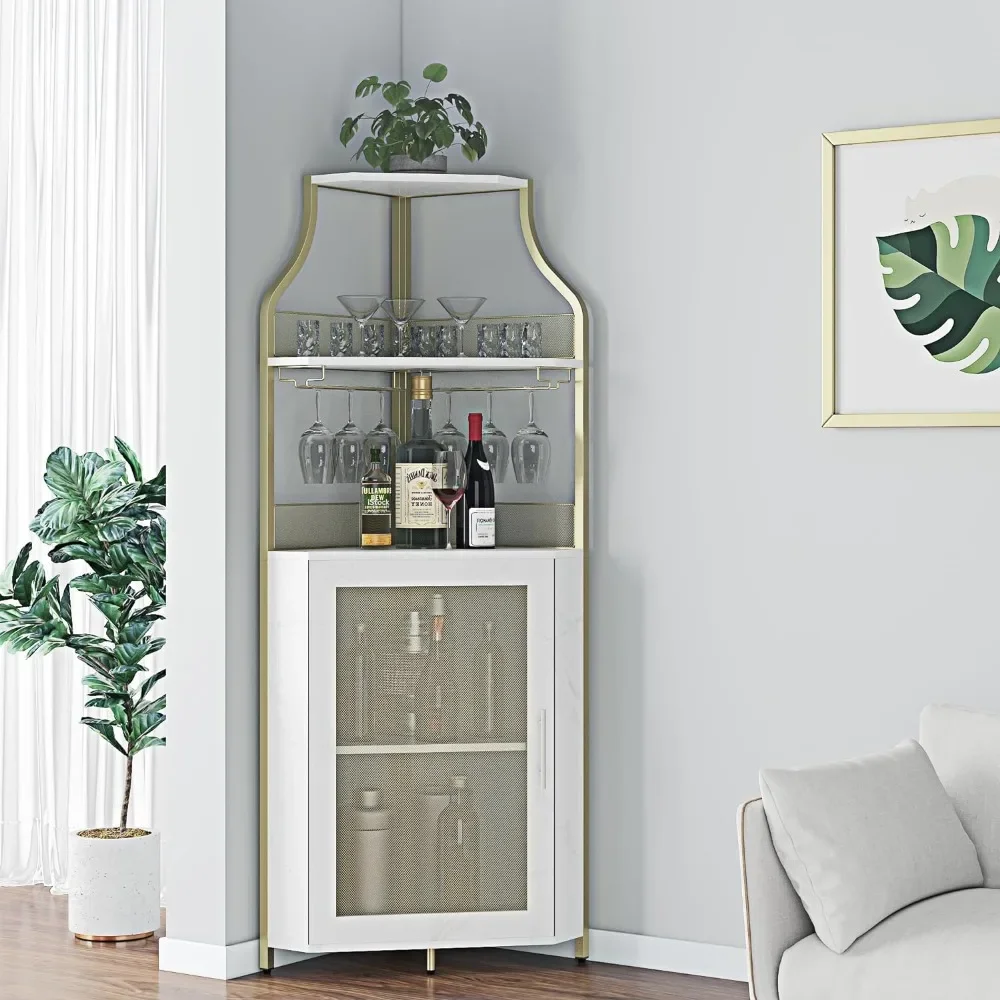 Corner Wine Bar Rack Cabinet with Detachable Bar Cabinet with Glass Holder Small Sideboard and Buffet Mesh Door