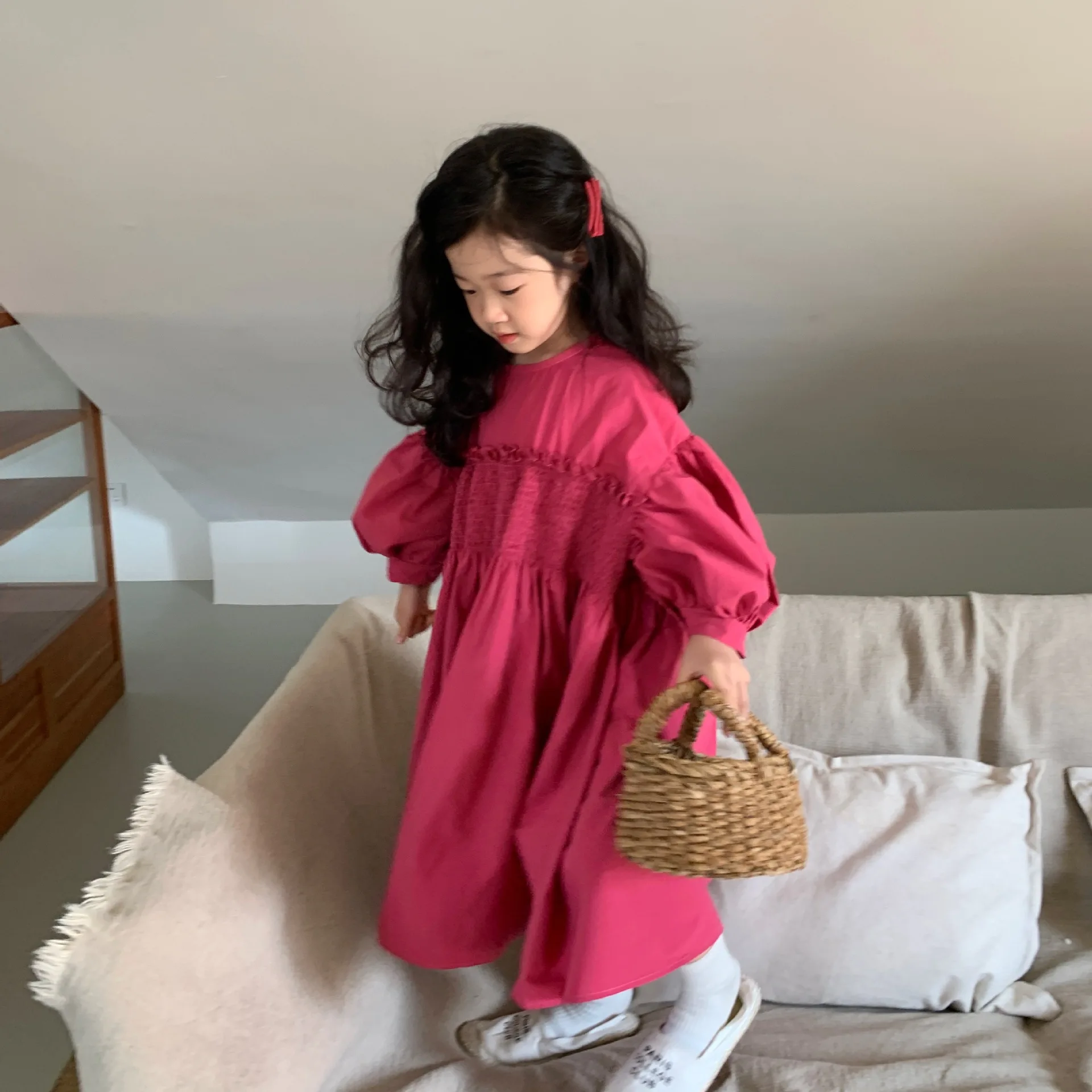 

Girls Casual Dresses Autumn Season Korean Girls New Product Dress Loose Lovely Solid Lantern Puff Sleeve Princess Style