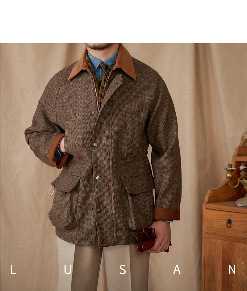 Italienische Herbst- und Winterjacke aus 50% Wolle, Jagdjacke, Alltagstaugliche Vielseitige Jacke mit Kontrastkragen, Warme Retro-Jacke für Herren – Detail 40