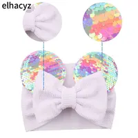 2026 Bandeaux pour bébé à oreilles de Mickey de dessin animé, avec nœud à paillettes de 5 pouces, Turban pour bébé, Accessoires de cheveux DIY pour Festival, Cosplay, Fête de Noël 2