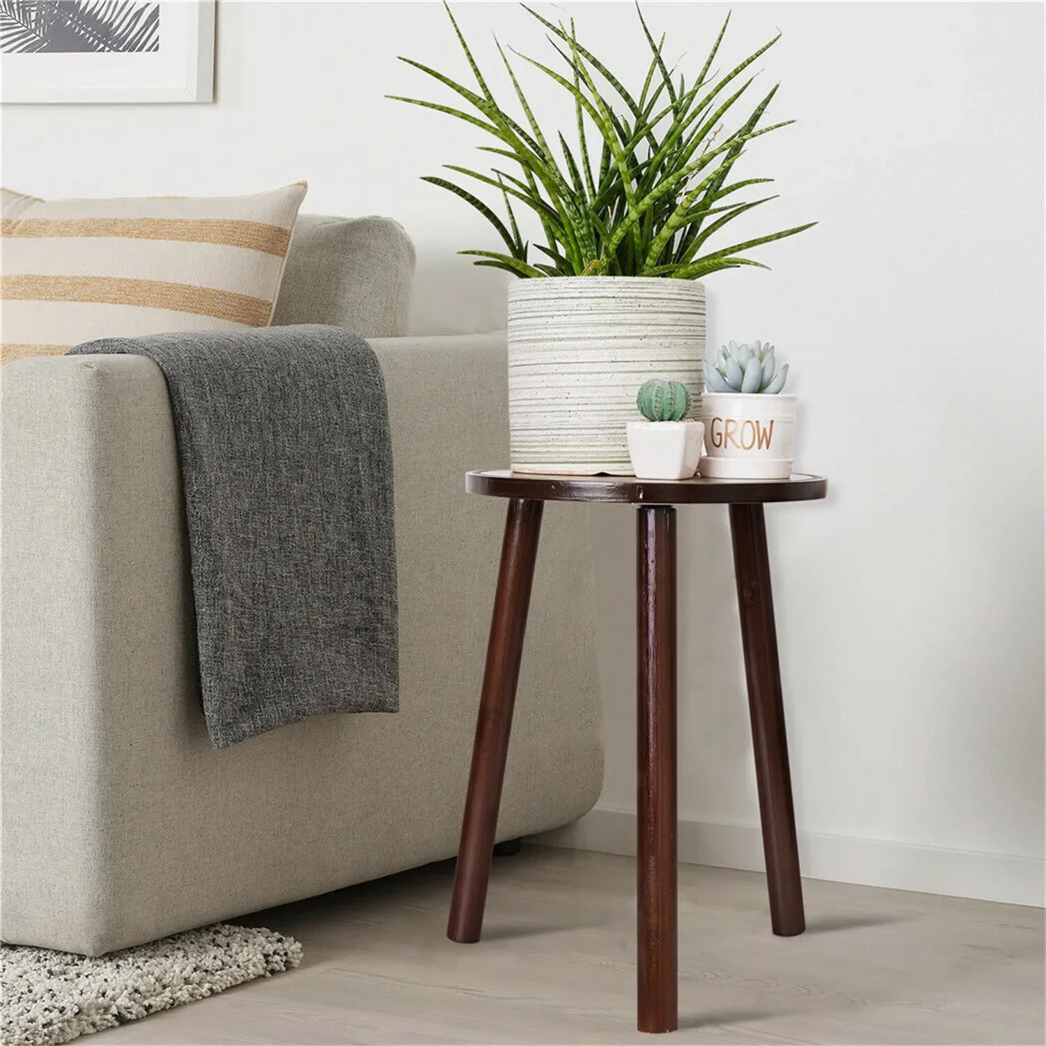 LUVODI 2PCS Round Wood Side Table Small Sofa End Coffee Table Bamboo Plant Stand Flower Pots Holder with Triple Legs