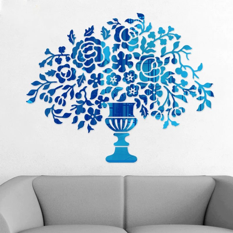 

Flower Sticker Blue Gold Silver Waterproof Decals Creative 3D Acrylic Mirror Wall Stickers Home Room Restaurant Wall Decoration