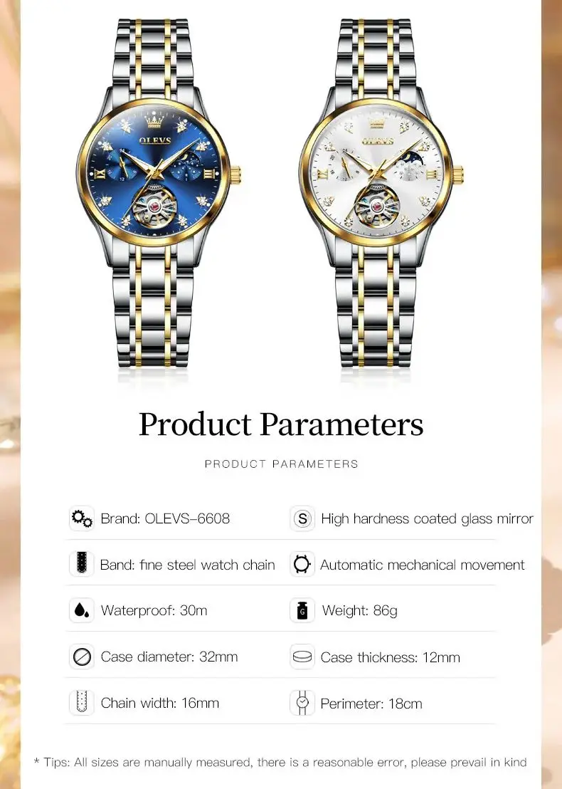 OLEVS 6608 Automatic Watch Woman Moonswatch Mechanical Watch For Women Hollow Original Diamond Luxury Wristwatch Waterproof