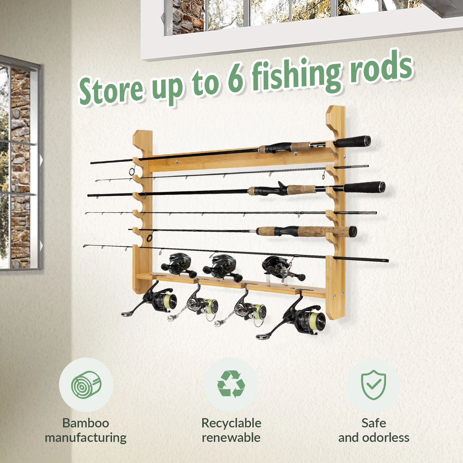 THKFISH 1pc Fishing Rod & Reel Holder Stand Kit Natural Bamboo