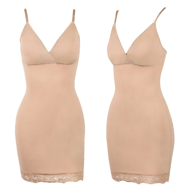 Body Shaper Women Sexy V Neck Slip Dress with Removable Cup Lace Hem Mini Dresses Skinny Design Tube Slips Shapewear Waist Curve