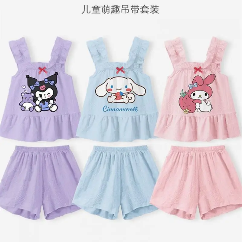 

Kawaii Sanrioed Cinnamoroll My Melody New Pattern2023 New Girls Summer Thin Pajamas Suit Suspender Two-Piece Home Clothes