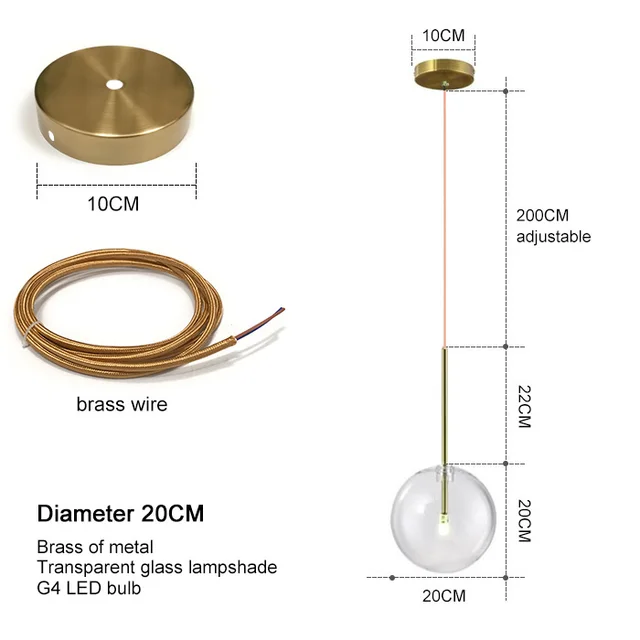 Nordic Modern Pendant Lamp Fixture Clear Glass Lampshade Bedroom Hanging Lights Dining Restaurant Decor Suspension Lustre brass wire 20CM