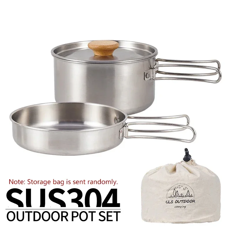 Camping Pot Set 304 Stainless Steel Outdoor Cookware Kit Cooking Set Travel Tableware Tourism Hiking Picnic Equipment 2pcs Set