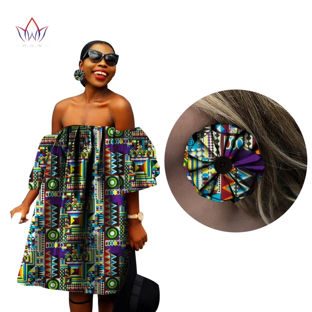 

BintaRealWax African Dresses for Women with Earrings Print Wax Off Shoulder Loose Style Dress Fashion Mini Africa Dress WY866