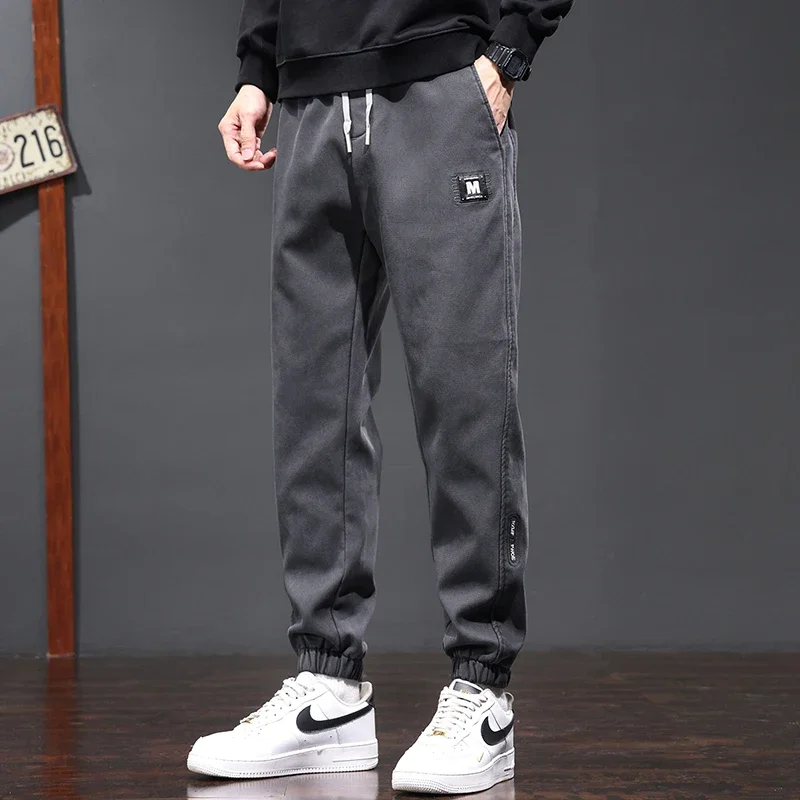 Men's Lyocell Elasticity Cargo Pants Baggy Bound Feet Sweatpants Drawstring Joggers Youth Streetwear Trousers Male Clothes 5