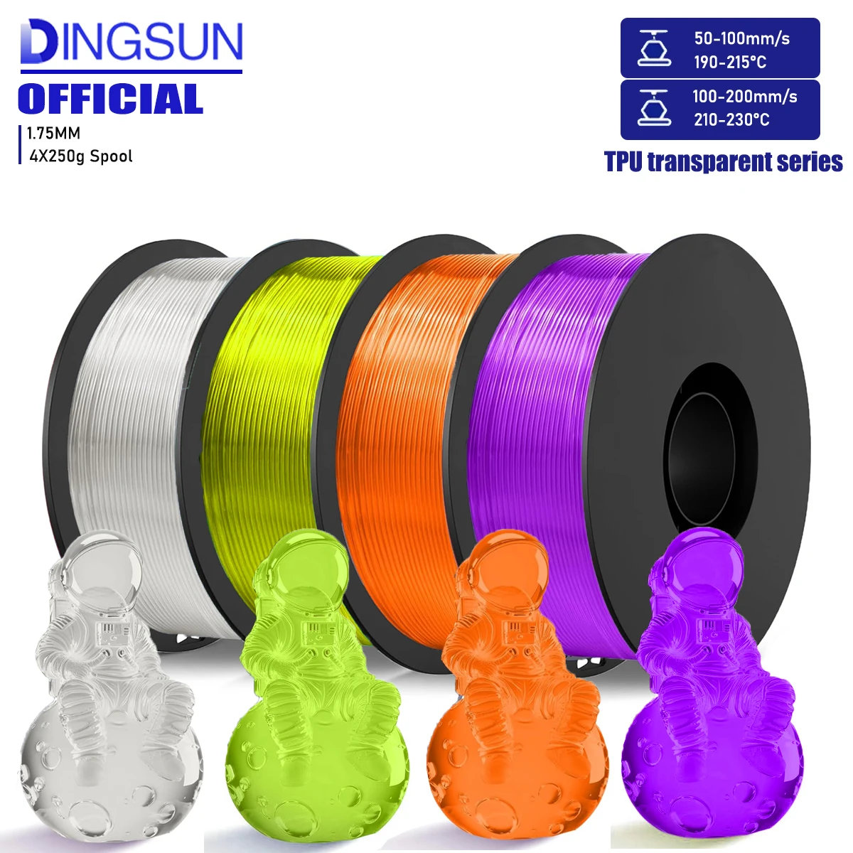 Filament d'imprimante 3D TPU 1.75mm, Filament TPU Transparent haute vitesse 95A, 250g/500g/1KG, Précision dimensionnelle +/- 0.03mm