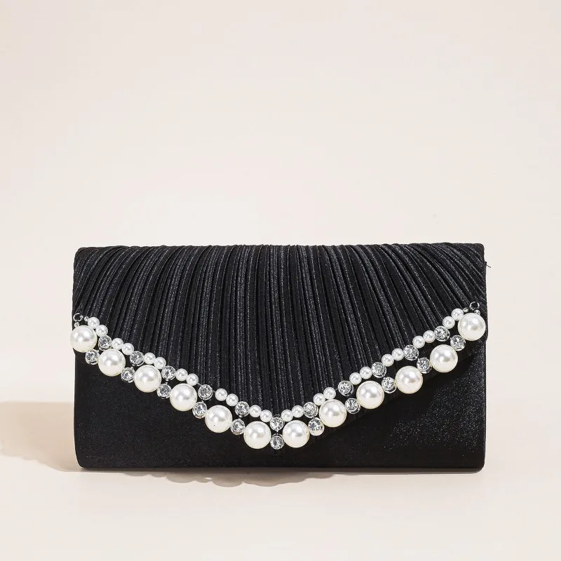 

Elegant Women Evening Bags Pearl Pleated Handbag Luxury Champange Envelope Purse with Crossbody Chain Black Bolsos Para Mujer