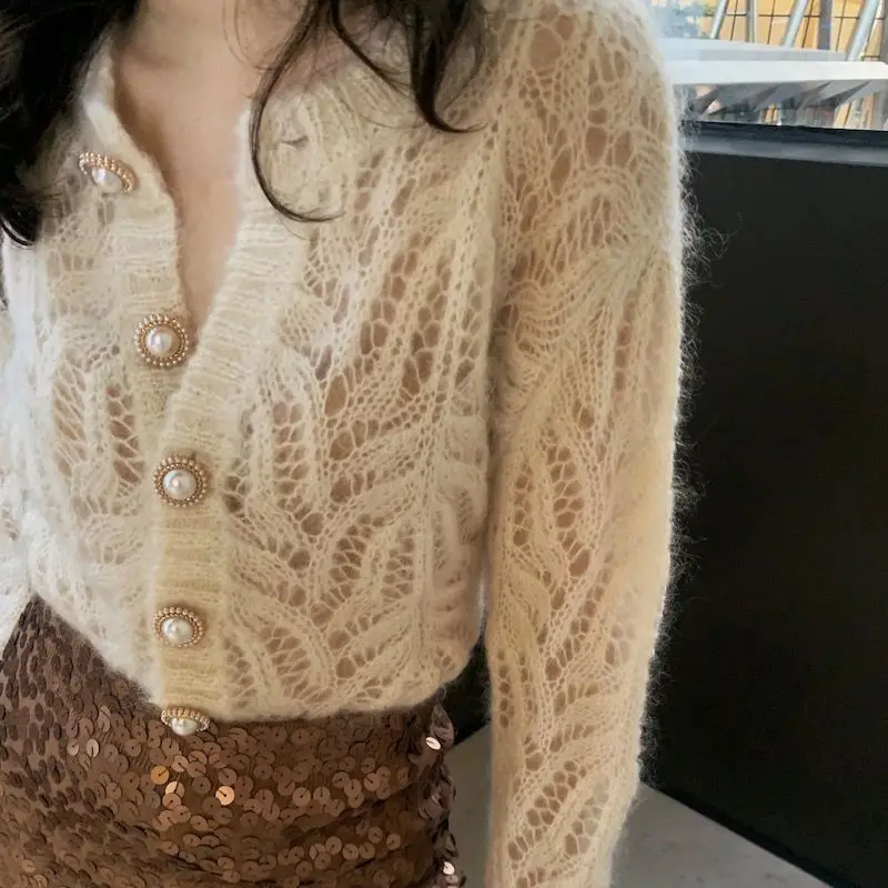 Suéter de estilo francés para mujer, cárdigan holgado, Sexy, ahuecado