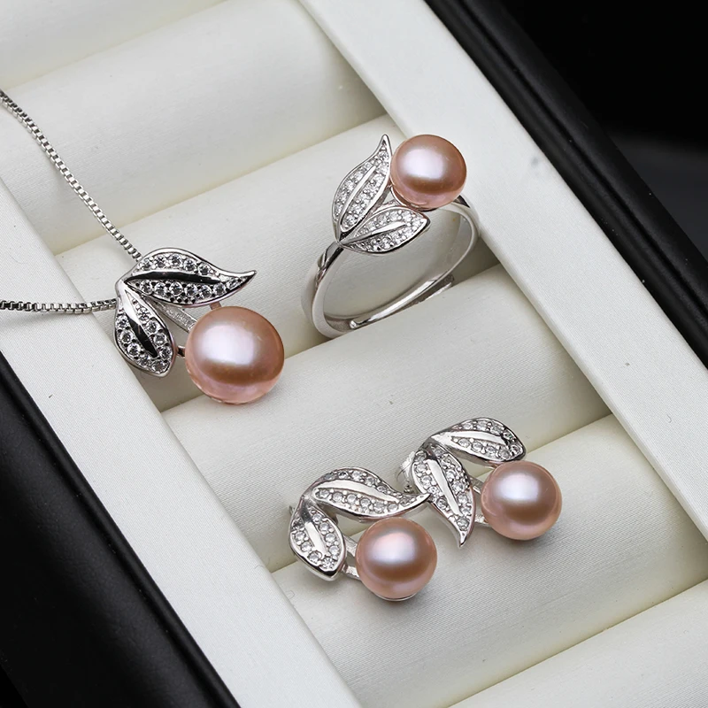 Real Pearl  ring Necklace Earrings For Women,Natural Freshwater White Pearl Jewelry Set 925 Sterling Silver Jewelry Sets Gift - 5