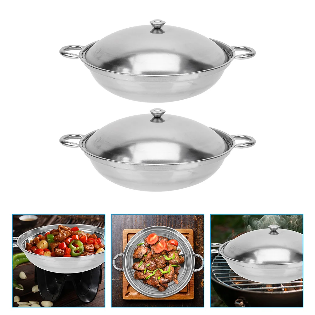 2 Pcs Stainless Steel Griddle Metal Pans for Cooking Household Pot Baking with Cover Hot Tool Kitchen Individual Work on 1
