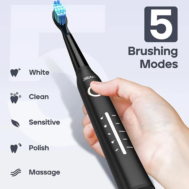 Seago Upgrade Electric Toothbrush Cup Holder 10 Pieces Brush Heads 5 Brushing Modes Adults Brush Black White 2