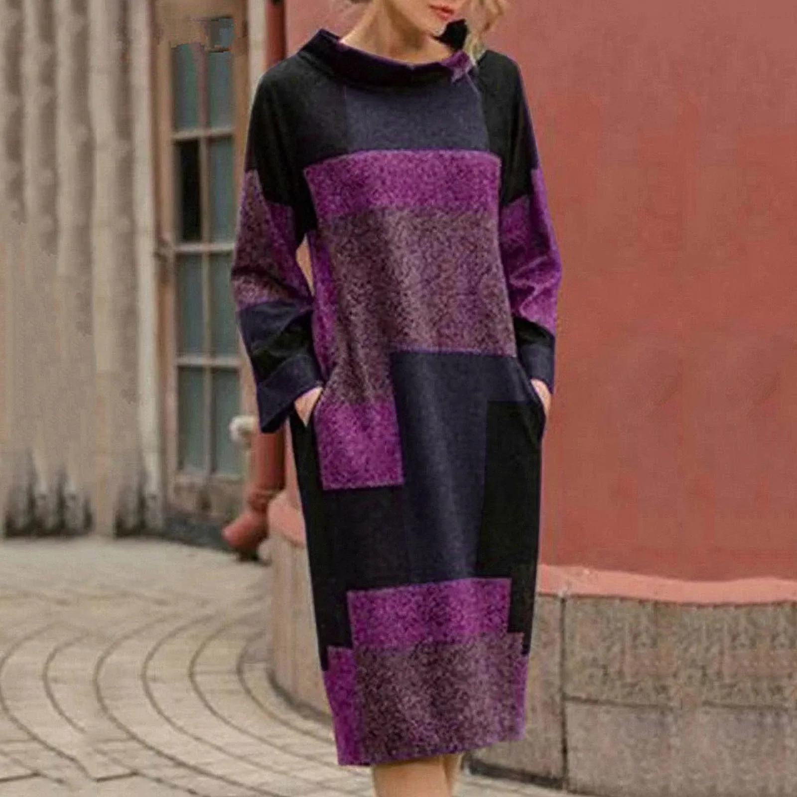 

Vintage Patchwork Dress Lady Autumn Winter New Large Size Long-Sleeved Woman Sweatshirt Dresses Loose Mid-length Dress Robe