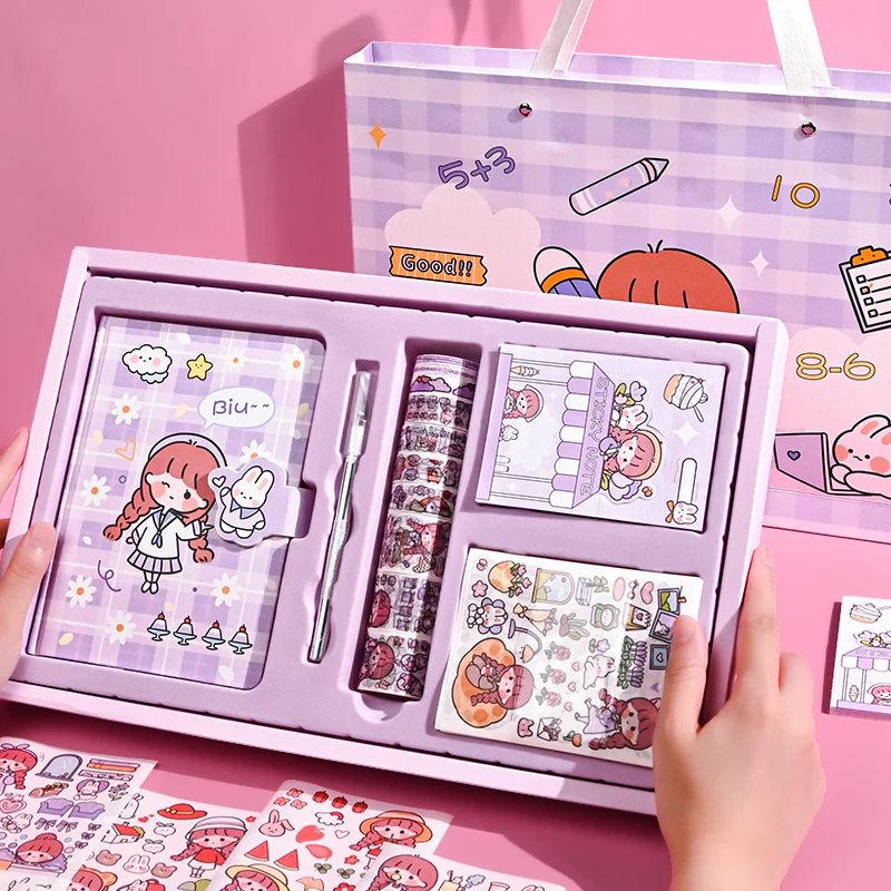 

Notebook with Sticker Tape Hand Account Set Gift Box Set DIY Diary with Bookmark Postcard Sticker Cute Girl Heart Stationery