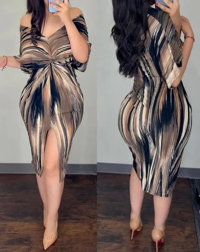 

2024 Summer Fashion Women's Dress Elegant Abstract Print Twist Decor Ruched V-Neck Bawing Half Sleeve Slit Bodycon Midi Dress