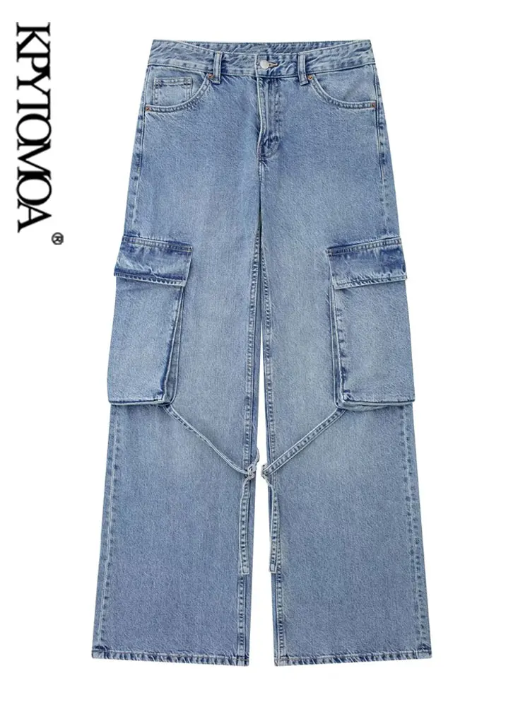 

KPYTOMOA Women Fashion Patch Pockets Denim Cargo Jeans Vintage Mid Waist Zipper Fly Female Trousers Mujer