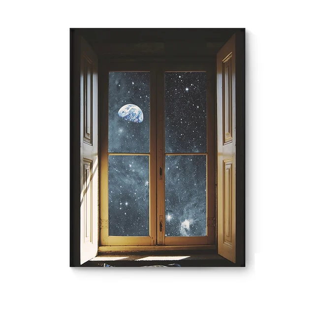 Nordic Window Outside Landscape Canvas Painting Wall Art Starry Wall Posters for Living Room Home Decor Modern Art Print Picture F118-B