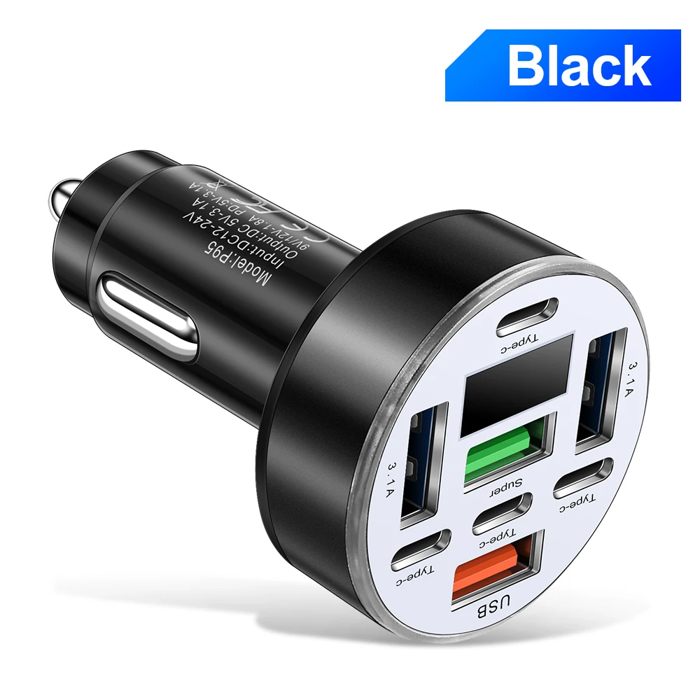 120 واط شاحن سيارة 8 منافذ LED شاشة ديجيتال USB PD...