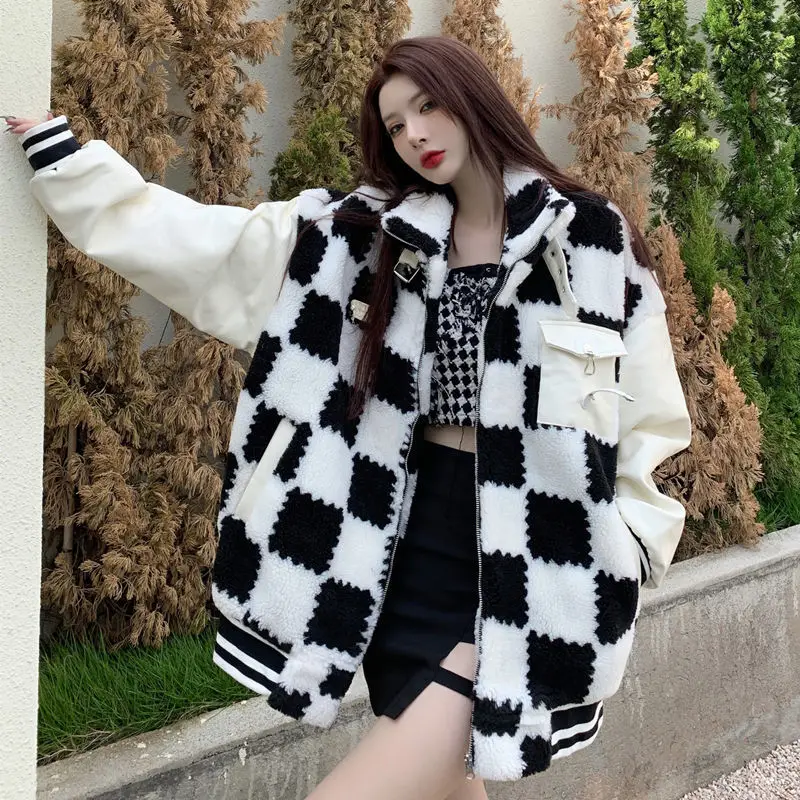 

Faux Mink Patchwork Jacket Women Streetwear Varsity Bomber Jacket Korean Zipper Baseball Jersey Loose Coat Hip-hop Outerwear