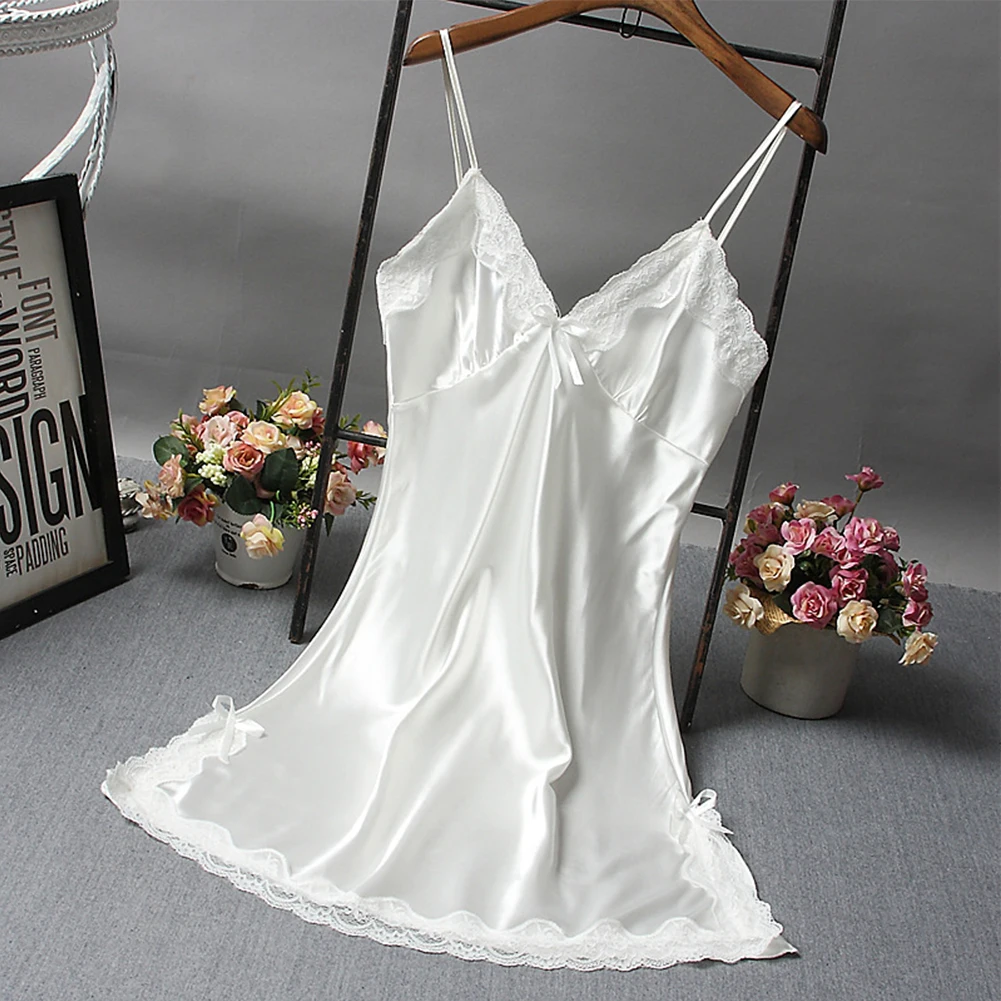 Fashion Women's Sexy Satin Nightdress Lace Spaghetti Strap Mini Dress Sleepwear Ladies Wrap Short Dresses women nightgowns women nightdresses sleeping dress