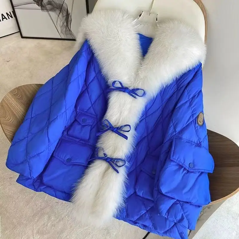 Winter Women Big Luxury Faux Fox Fur Collar Coat 2023 Fluffy Loose Puffer Jacket Feather Female Parka Snow Outwear Windproof