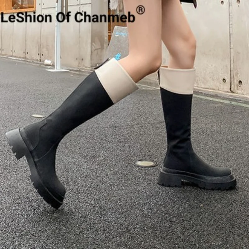 

LeShion Of Chanmeb Cow Split Leather Women Zipper Knee-High Boots Chunky Heel Mixed Colors Riding Boot Platform Shoe Fall Winter