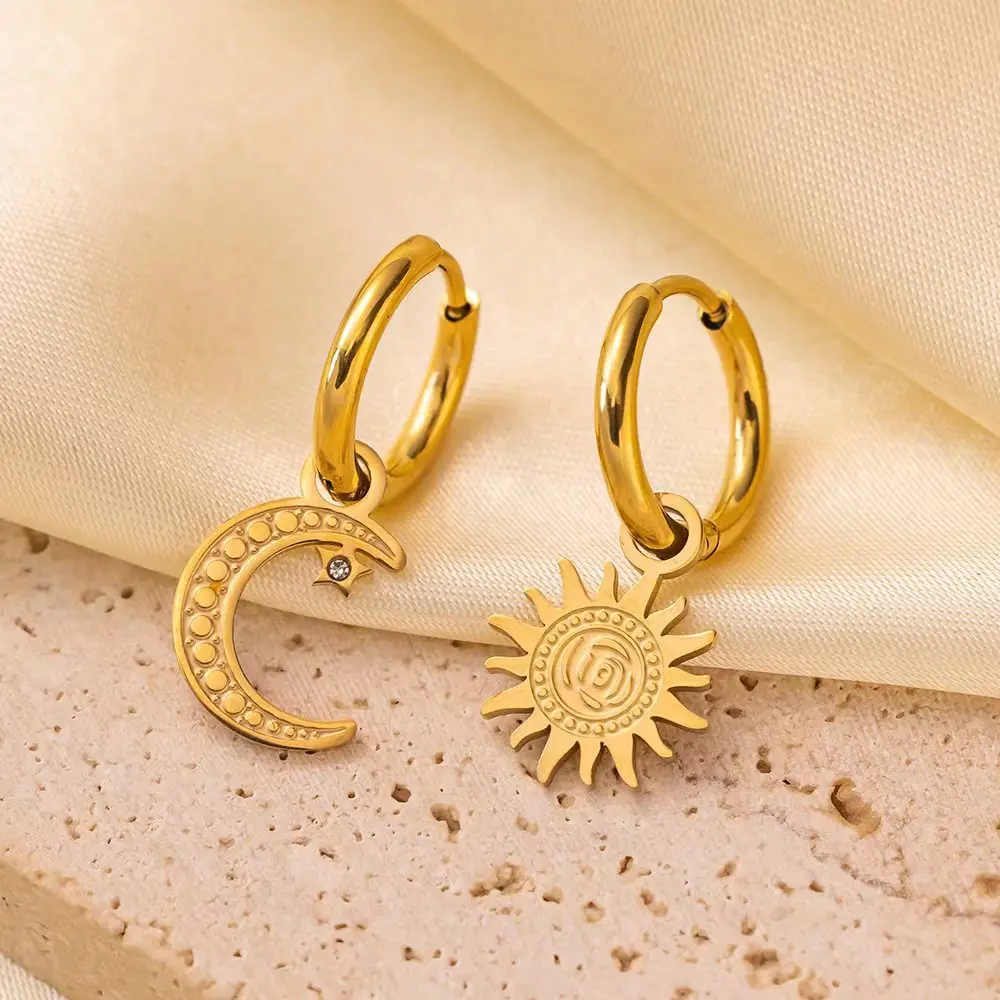 Trend Asymmetric Stainless Steel Gold Plated Star Moon Dangle Earrings Texture Statement Huggie Ear Hoop for Women Gift Jewelry
