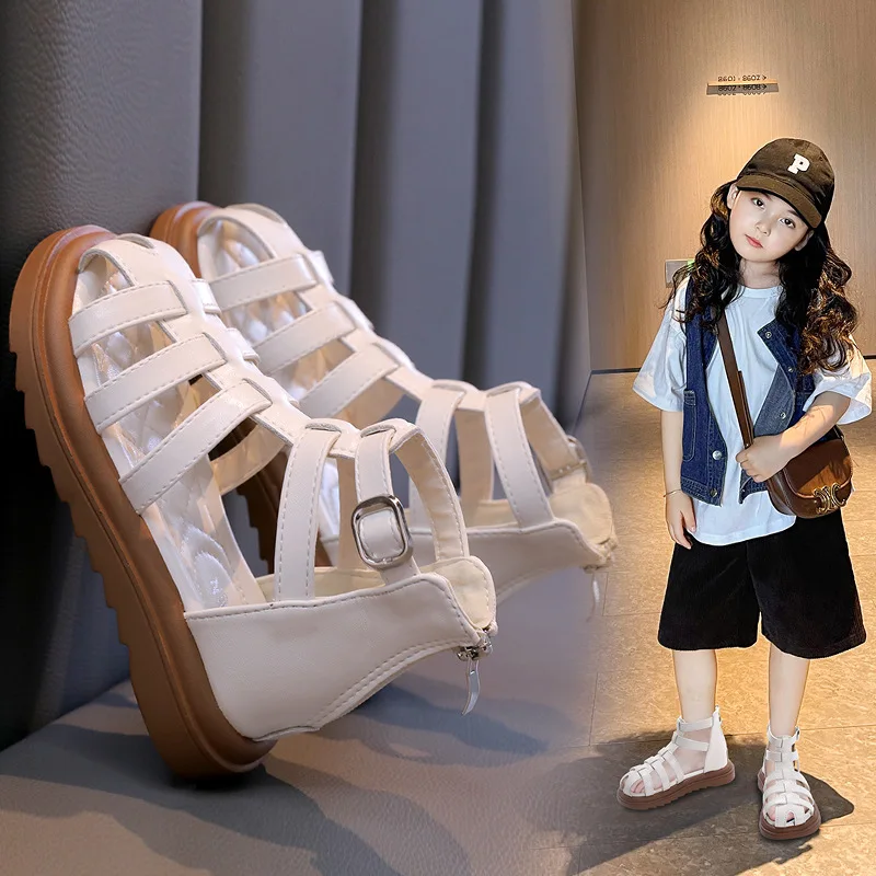 2024 소녀를위한 여름 어린이 샌들 새로운 패션 어린이 두꺼운 바닥 하이 탑 로마 샌들 간단한  인과 해변 신발