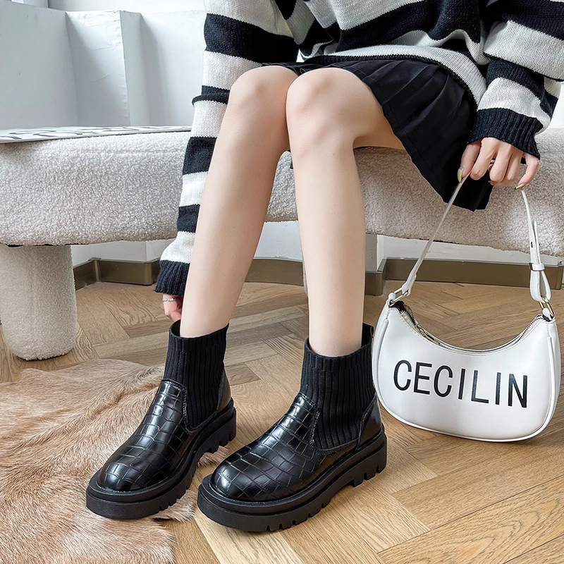 Women Ankle Boots Slip On Pu Leather Splicing Ladies Shoes Female Fashion Autumn Short Boot Non Slip Woman Platform Shoes New