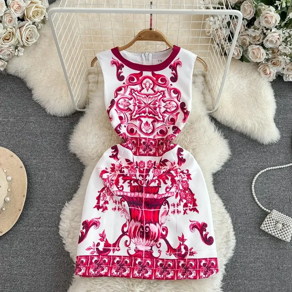   ☆ノースリーブ フローラルプリント ドレス 鮮やか ノースリーブフローラルプリントドレス,Vネック,ラージ,女性用