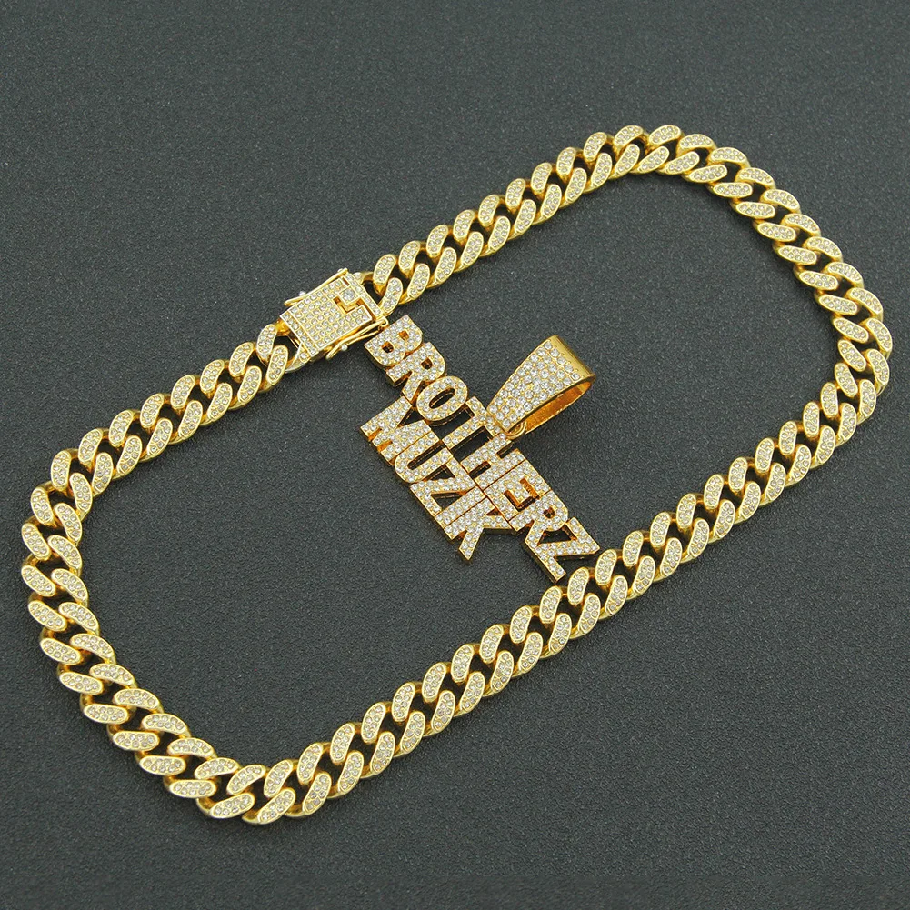 

Hip Hop Iced Out Cuban Chains Bling Diamond Rhinestone Letter BROTHERZ Pendant Mens Necklaces Gold Jewelry for Boy Choker Collar