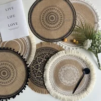 Vintage Pastoral Round Cotton Linen Placemats Handwoven Jute Tassels Placemats Soft Non-slip Table Pads Vase Mats Accessories 1